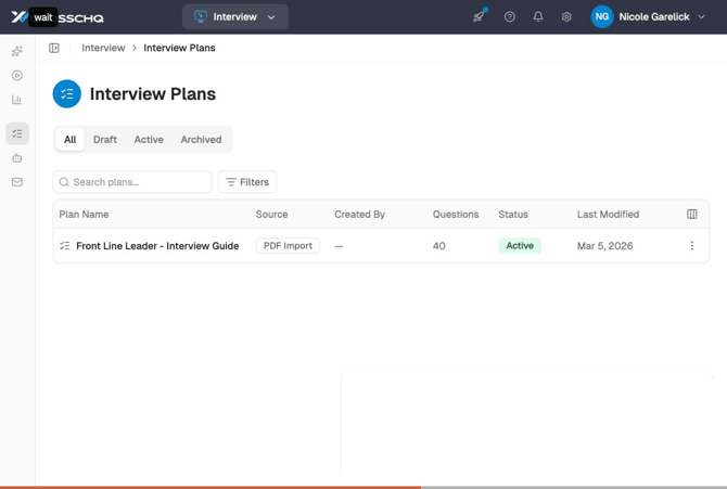 Interview Plans library showing Front Line Leader - Interview Guide