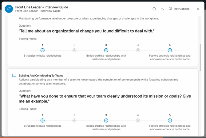 Interview Plan detail showing questions for Adaptability and Building and Contributing to Teams competencies